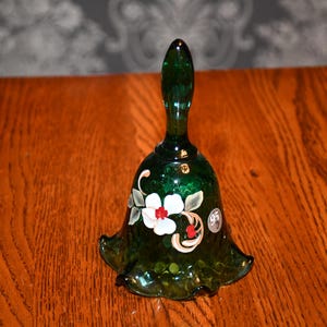 Vintage Fenton Glass Green Diamond Optic Hand painted Floral Bell