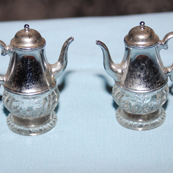 Vintage Silver Plated & Glass Teapot Salt and Pepper Shakers