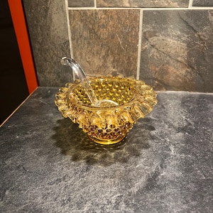 Fenton Hobnail Amber/Brown Ruffled Edge Bowl w/Glass Spoon