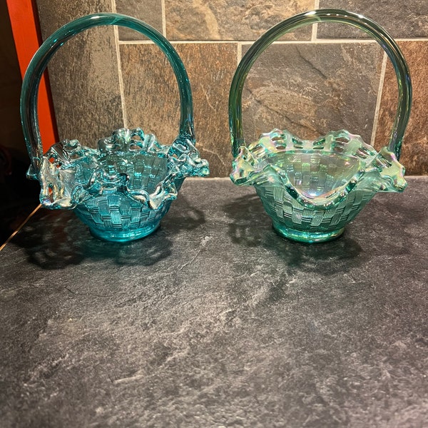 Fenton Blue and Green Carnival Glass Basket Weave Ruffled Edge Baskets