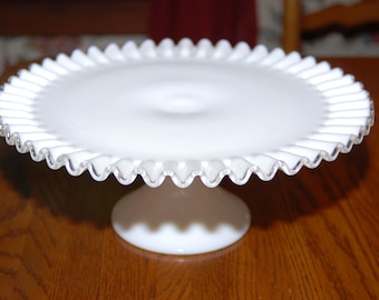 Vintage Fenton White Milk Glass Silver Crest Ruffled Edge Pedestal Cake Stand/Plate
