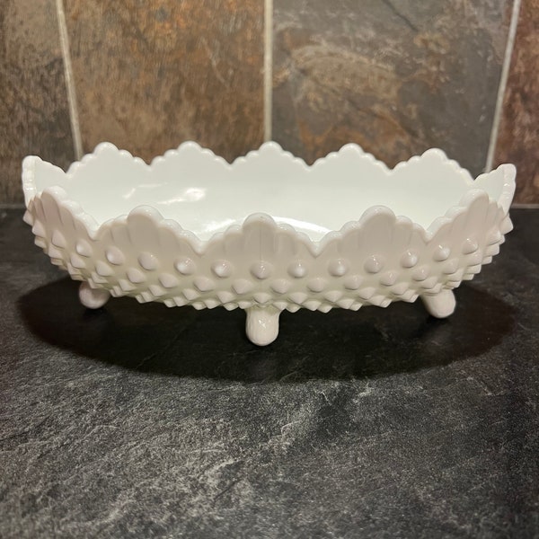 Fenton Hobnail White Milk Glass Scalloped Edge Footed Oblong Candy Dish