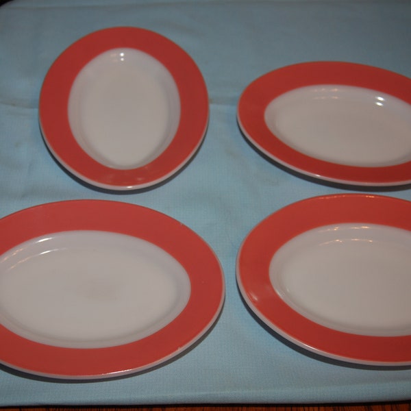 Set of 4 Vintage Corning Pink & White Oval Plates--Restaurant Ware