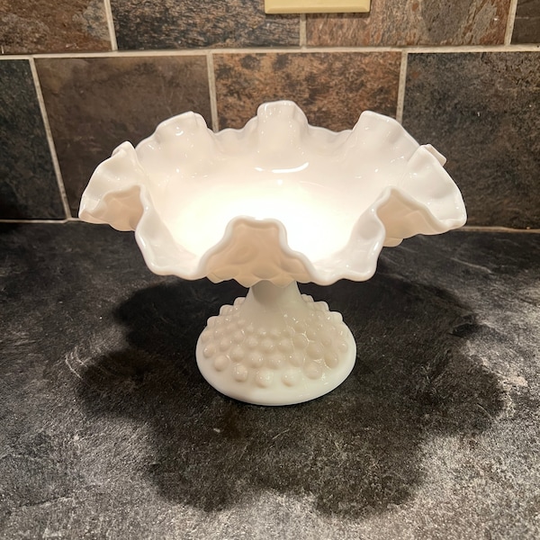 Fenton Hobnail White Milk Glass Ruffled Edge Pedestal Compote