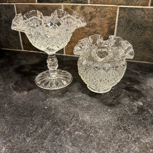 Fenton Clear Daisy and Button Ruffled Edge Compote and Circular Vase