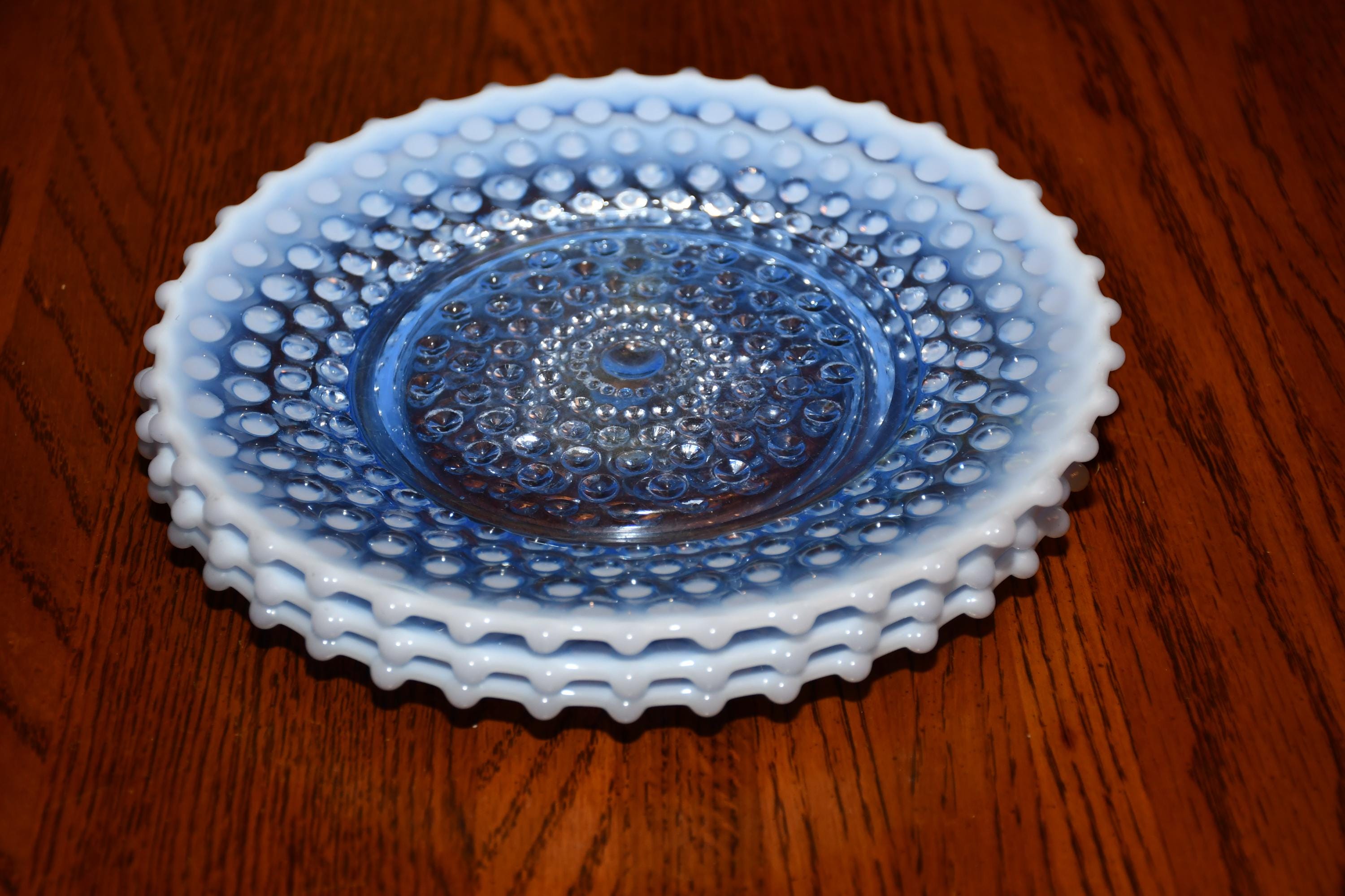Set of 3 Vintage Duncan Miller Blue Opalescent Hobnail 8.5
