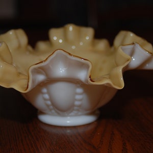 Vintage Fenton Milk Glass Beaded Melon Honey/Gold Colored Overlay Ruffled Edge Bowl