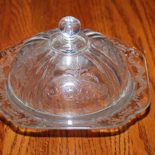 Vintage Clear Depression Glass Patterned Round Domed Butter Dish