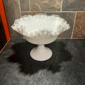 Fenton White Silver Crest Ruffled Edge Pedestal Candy Dish