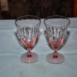 Set of 2 Vintage Pink Depression Wavy Paneled Water Goblets/Stemware