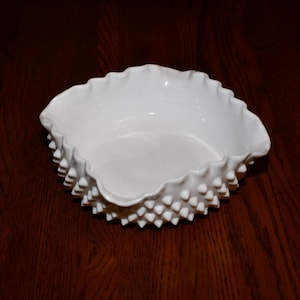 Vintage Fenton Milk Glass Hobnail Square Ruffled Edge Bowl