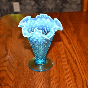 Vintage Fenton Blue Opalescent Hobnail Sundae Cone Ruffled Edge Vase/Candy Dish
