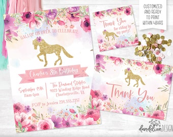 Glitter Floral Horse Theme Birthday Invitation plus Thank You and Favor Tag Printable