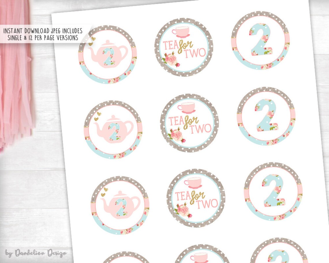Tea for Two Second Birthday Cupcake Toppers Printable Instant - Etsy