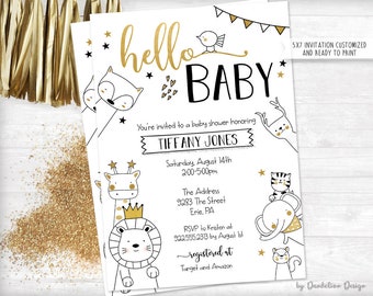 Hello Baby Animals Neutral Baby Shower Invitation Printable