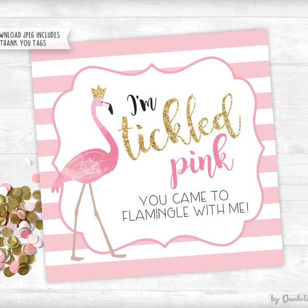 Flamingo First Birthday Tickled Pink Thank you Tag Printable Instant Download