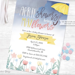 April Showers Bring May Flowers Yellow Umbrella Baby Shower Invitation