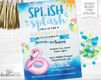 Splish Splash Pool Party Birthday Invitation plus Thank You Card and Favor Tag Printable