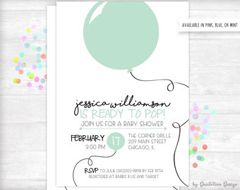 Ready to Pop Mint Balloon Baby Shower Invitation plus Diaper Raffle and Book Request Printable