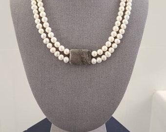 Perla genuina con collar de ágata de leopardo con broche de plata esterlina