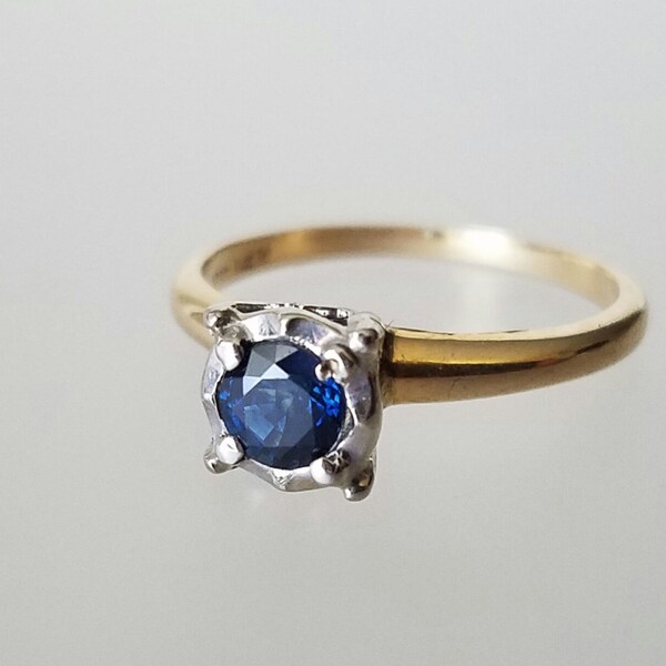 Antique Blue Sapphire  Solitaire Ring Vintage14k White Gold Solitaire Engagement Ring September Birthstone