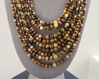 Auténtico Tigers Eye y Agate Multistrand collar de cuentas con broche de plata Sterlng