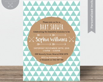 Baby Shower Invitation | Gender Neutral Invite Boy or Girl | Triangles and Arrows | Aqua Teal White Brown | Geometric | Sian Ashlee Design