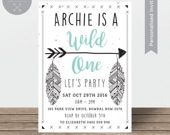 First Birthday Invitation | Aztec Wild One | Arrow and Feathers | Black | Mint, Aqua | Invitation for Boy or Girl Party | Sian Ashlee Design