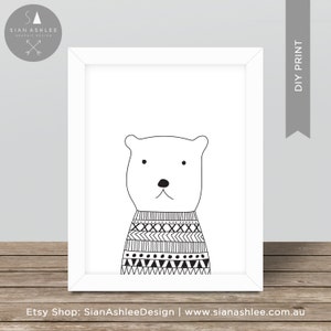 Impression scandinave | Ours | Dessiné à la main | Chambre d&#39;enfant | Art mural | Monochrome | scandinave | Noir et blanc | Impression de bricolage Sian Ashlee Design