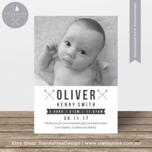 Tarjeta de anuncio de nacimiento / Tarjeta de bienvenida para bebés / Detalles del bebé / Nuevo bebé / Tarjeta de recién nacido / Blanco y negro / Escala de grises / Diseño de Sian Ashlee