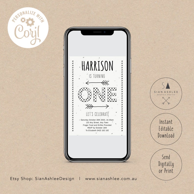 May include: Black and white printable invitation for a first birthday party. The invitation features the name Harrison and the number one with a black and white arrow design. The text says "Let's Celebrate" and includes the date, time, location, and RSVP information.