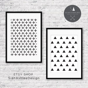 Funky Wall Art | Nursery, Bedroom, Living Room | DIY Print | Crosses + Triangles | Black and White | by Sian Ashlee Design