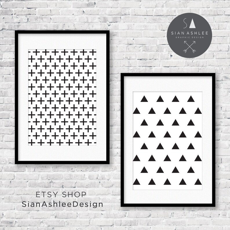 Funky Wall Art Nursery, Bedroom, Living Room DIY Print Crosses Triangles Black and White by Sian
