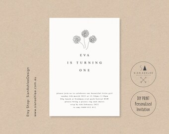 First Birthday Invitation, Hand Drawn Flowers, 1st, Boho, Earthy, Woodland, Elegant, Minimal, Daisy, Girl Party, Any Age, Sian Ashlee