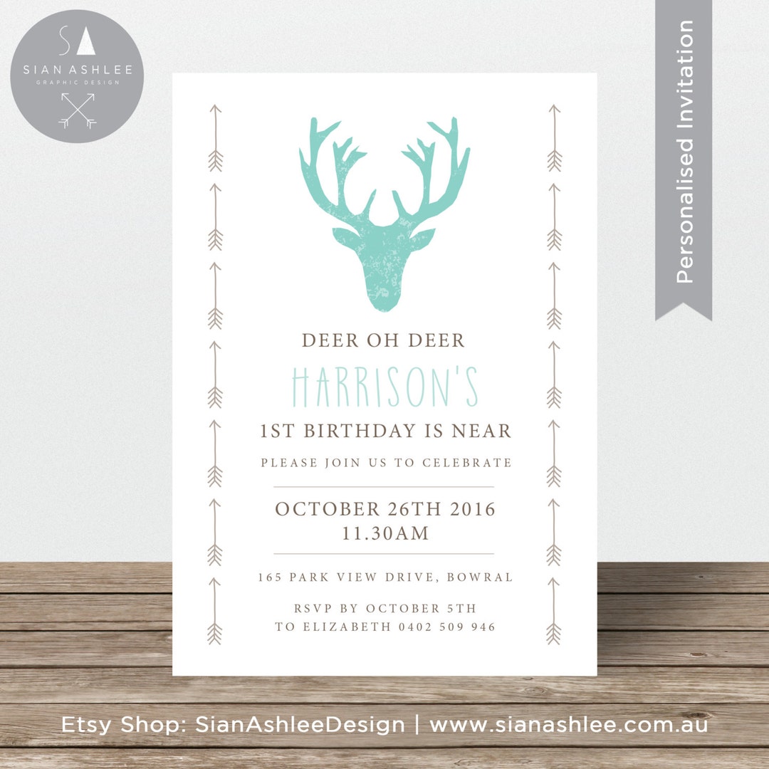 Birthday Invitation for Any Age | Deer Head + Arrows | Teal &amp; Brown ...