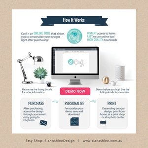 May include: A graphic showing how to use Corjl, an online tool for personalizing designs. The graphic shows a computer screen with the Corjl logo, a lamp, a plant, and a bird. The graphic also includes text explaining the steps involved in purchasing, personalizing, and printing designs.