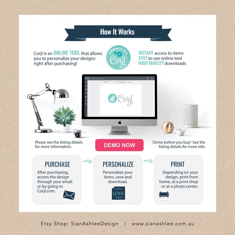 May include: A graphic showing how to use Corjl, an online tool for personalizing designs. The graphic shows a computer screen with the Corjl logo, a lamp, a plant, and a bird. The graphic also includes text explaining the steps involved in purchasing, personalizing, and printing designs.
