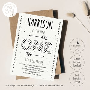 May include: Black and white printable birthday invitation for a first birthday party. The invitation features a black and white geometric pattern with the word "ONE" in large letters. The text "Harrison is turning one" is at the top of the invitation. The text "Let's Celebrate" is below the number one. The invitation includes the date, time, and location of the party. The text "Instant Editable Download" and "Send Digitally or Print" are in the bottom right corner of the invitation.
