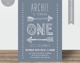 First Birthday Invitation | Aztec Tribal Arrows | Blue/Grey and White | Printable Invitation for Boy or Girl Party | By Sian Ashlee Design