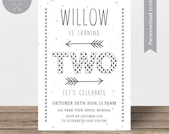 2nd Birthday Invitation | TWO | Aztec Tribal Arrows | Black and White | Printable Invitation for Boy or Girl Party | By Sian Ashlee Design
