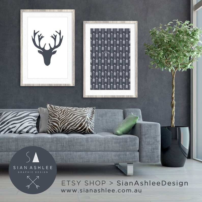 Deer Head Wall Art Living Room Decor DIY Print Deer Head Arrows Dusty