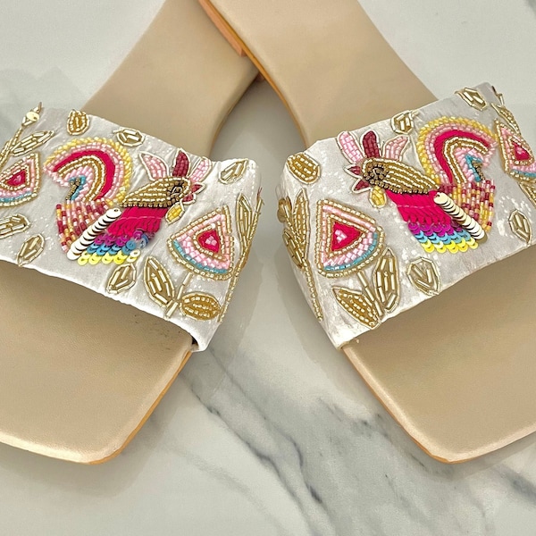 Embroidered Summer Sandals with Bird and Floral Motifs, Threadwork and Beadwork | Women's Punjabi Jutti, Slip On Sandals, Dressy Sandals