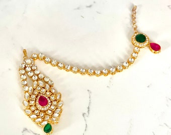 Ruby and Green Gold Matha Patti, Gold Maang Tikka, Sheesh Phool, Indian Headpiece, Indian Jewelry, Hair Jewelry, Gold Indian Sheeshphool