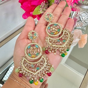Gold Indian Wedding Earrings: Multicolour Stone & Pearl Sangeet Jewelry