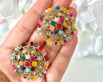 Round Multicolor Earrings | Rainbow Earrings | Round Multicolour Indian Earrings | Indian Jewelry, Punjabi Jewelry, Sheeshphool, Matha Patti