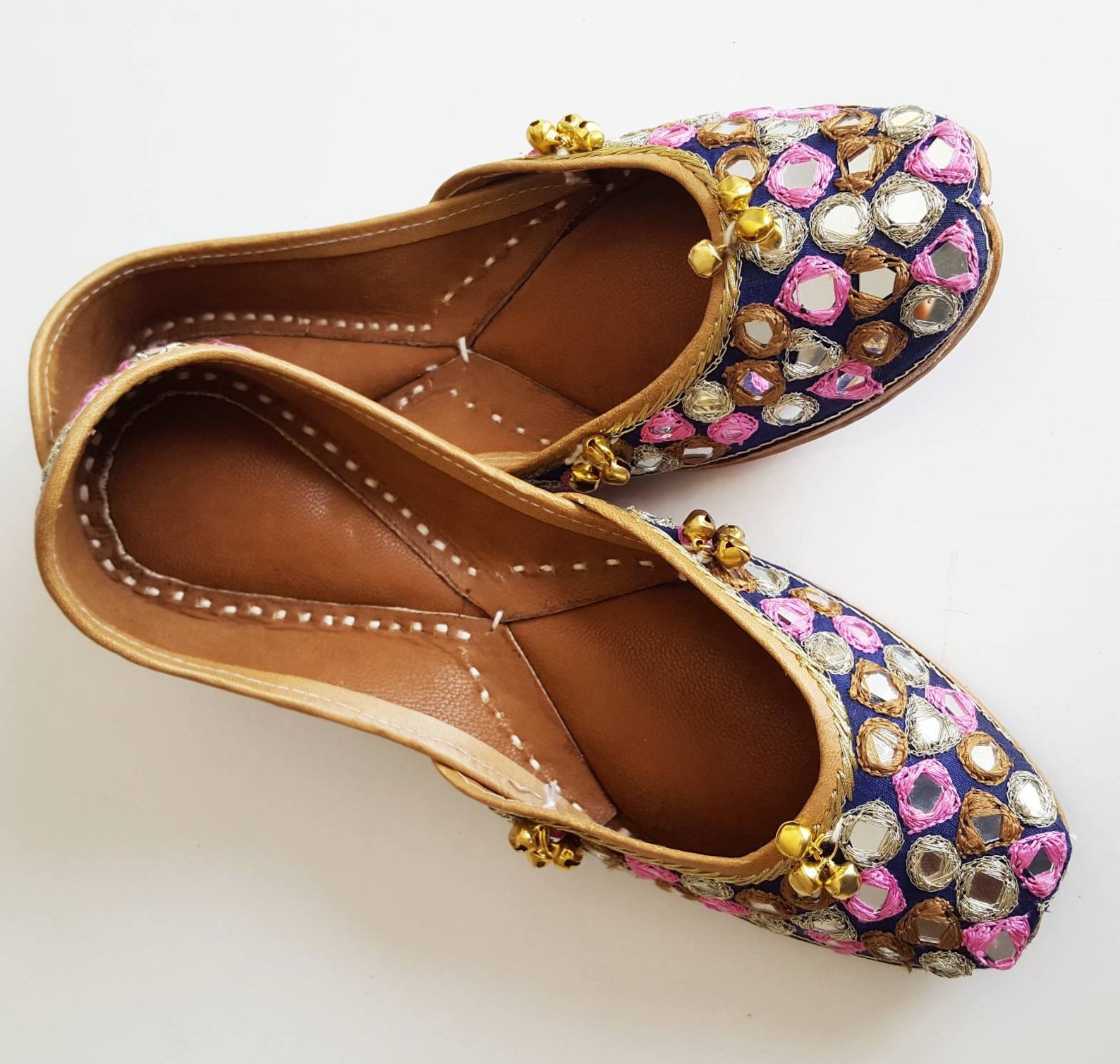 pink and navy blue punjabi jutti with mirrors and bells - slip on ballet flats with mirrors, blue ballet flats, indian jewlery,