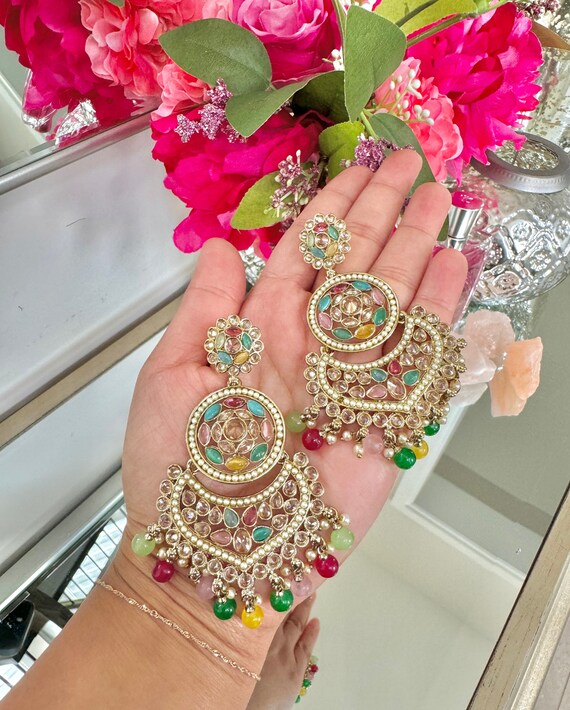 Gold Indian Wedding Earrings: Multicolour Stone & Pearl Sangeet Jewelry