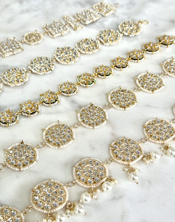 Gold Plated White Kundan Studded Chand Ethnic Sheeshpatti Matha