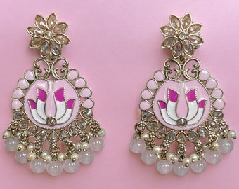 Handpainted Meenakari Earrings, Pastel Earrings, Pink Earrings, Yellow Earrings, Mint Green Earrings, Indian Jewelry, Birthday Gift for Wife