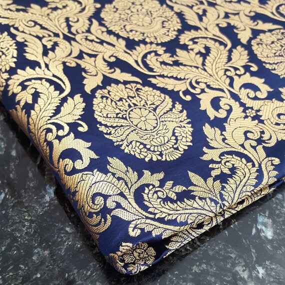 Navy Blue Indian Gold Brocade Material 5 Meters For Indian Etsy